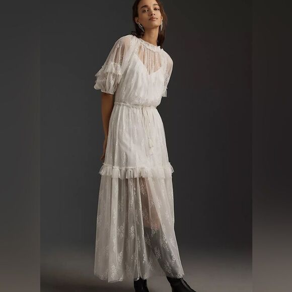Anthropologie Let Me Be Short Sleeve Ruffle Lace Maxi Dress NWT - Picture 1 of 13
